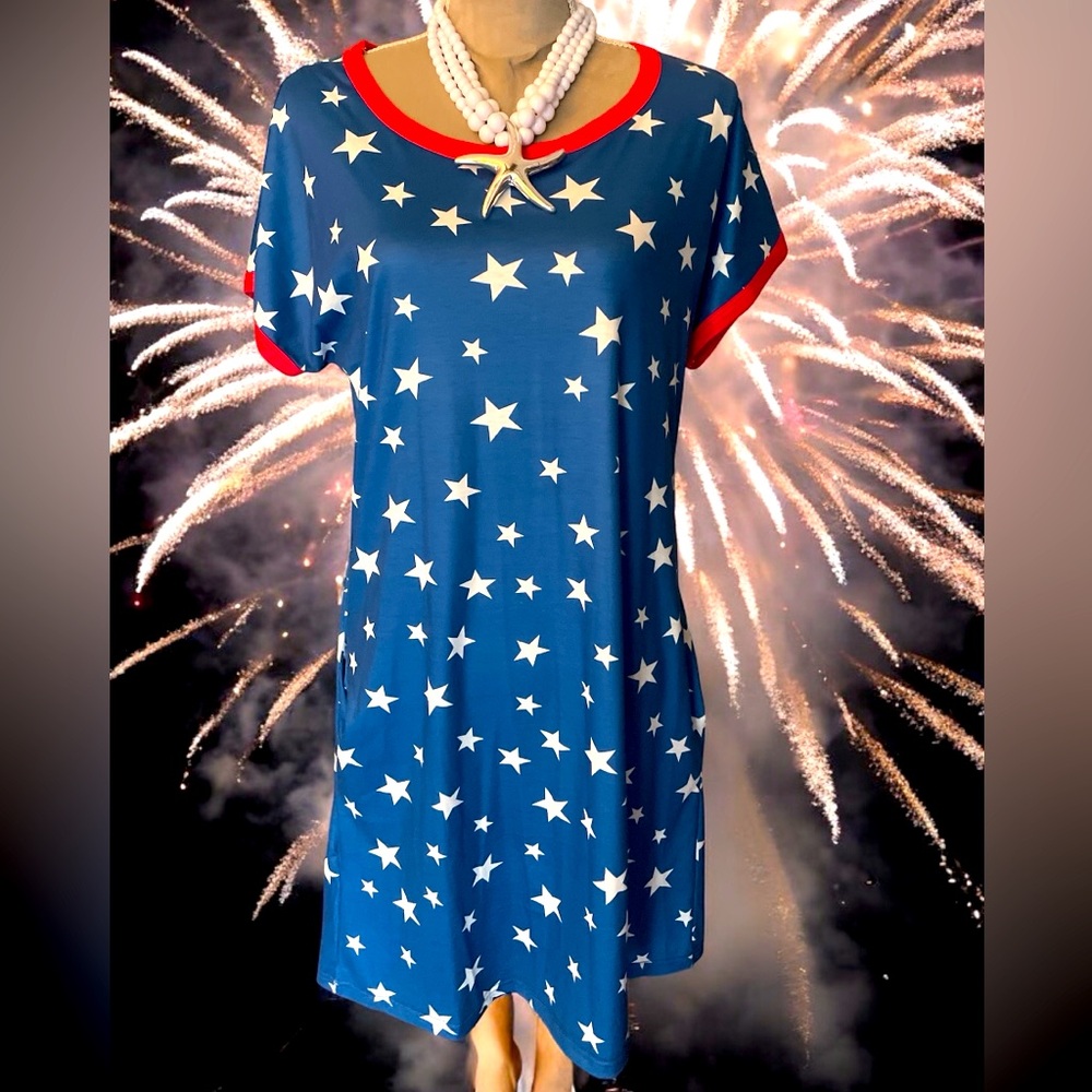 NWOT Deerose Res/White/Blue Patriotic Midi Dress Size M